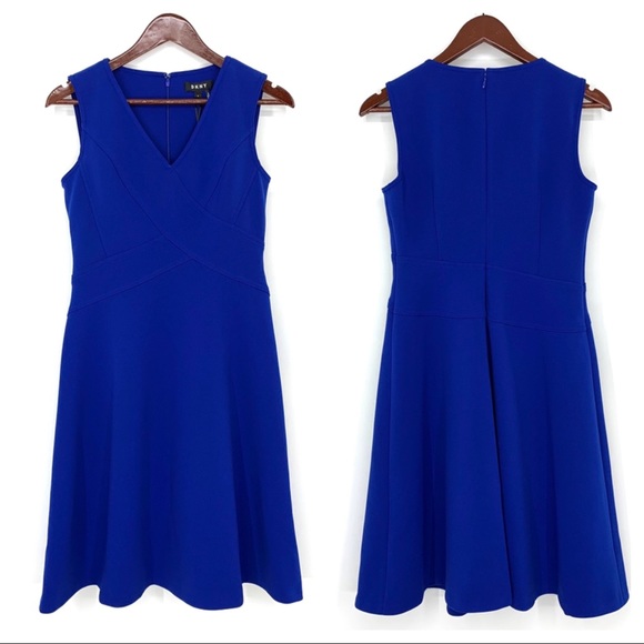 DKNY Solid Cobalt Blue Contour Sleeveless V-Neck Dress Modest New Nwt Size 4 - Picture 1 of 13